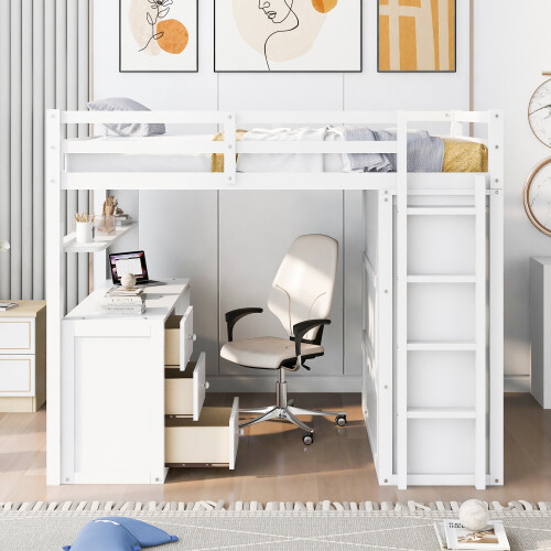 Twin Full Size Loft Bed with Desk Wardrobe Storage Cabinet Solid Wood Bed Frames