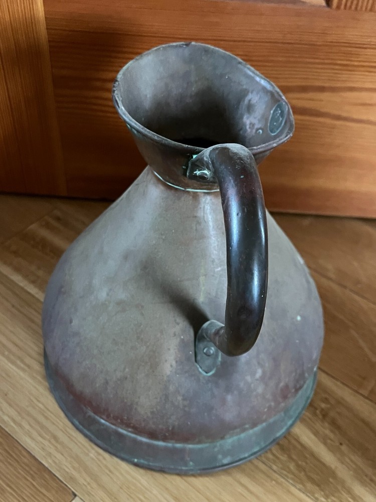 Antique Large Solid Copper Metal Primitive Pitcher w Numbers indicating size –