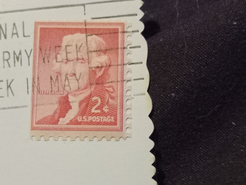 Thomas Jefferson 2 Cent red postage stamp on post card Hawaii postmarked 1956