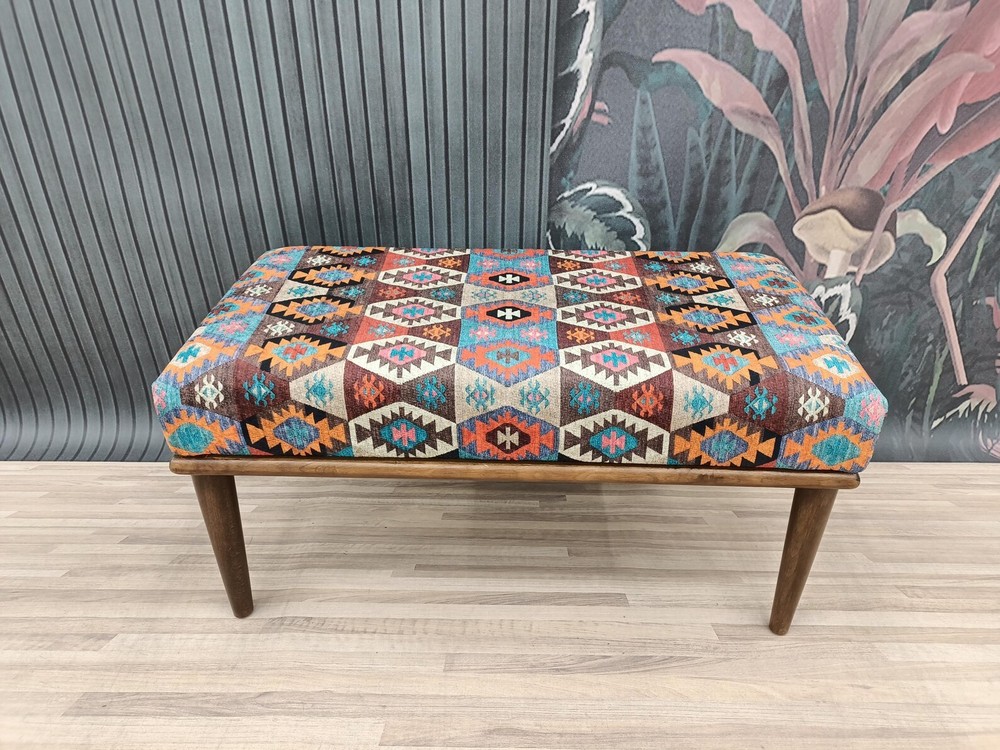 Kilim Pattern Printed Rug Upholstered Ottoman Bench Sitting Bench Piano Bench