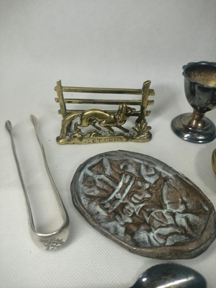 Antique Brass Fox Letter Rack, Iron Key & Silver Plate Metalware Bundle