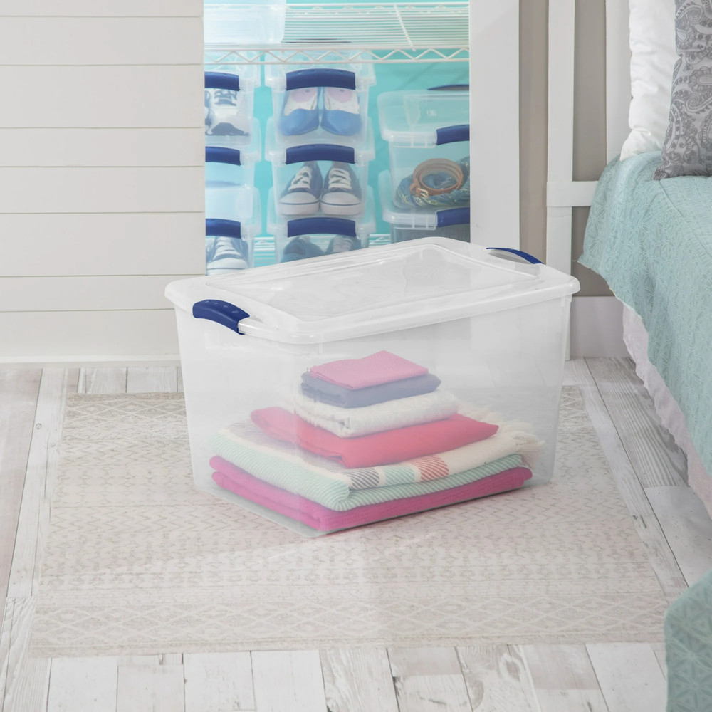 Sterilite 66 Qt Clear Latching Storage Bin Container Blue Lid 4 Pack Stackable