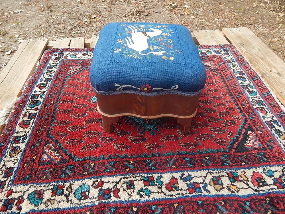 Antique Victorian Unicorn Fine Needlepoint Small Stool