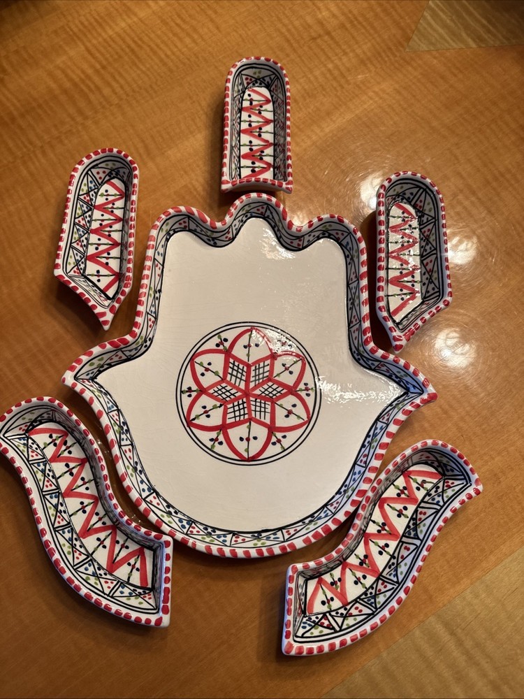 Bohemian Red Hamsa Dipping And Serving Set - Versatile Handmade Ceramic Decor