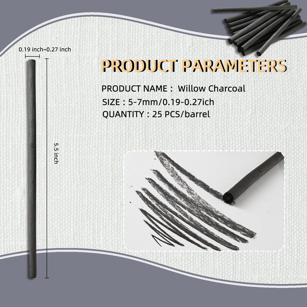 25 PCS Willow Charcoal Sticks, Ideal for Artists, Beginners, Students, Perfec...