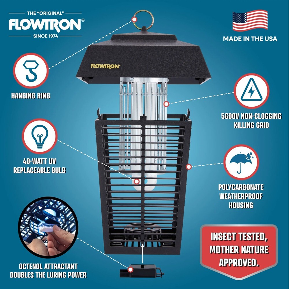 FLOWTRON BK-40D OUTDOOR BUG ZAPPER, 1.0 ACRE COVERAGE, DUAL-LURES, 5600 VOLTS!!
