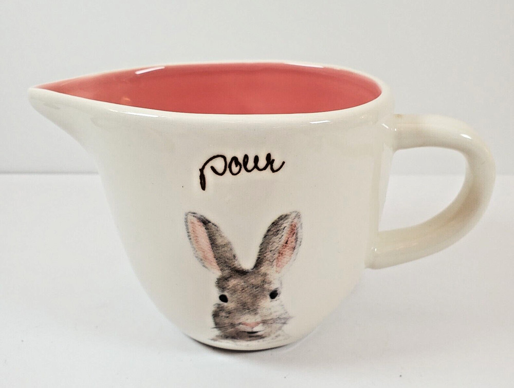 Rae Dunn Creamer "Pour" Creamer Bunny Rabbit Easter White Pink Ceramic