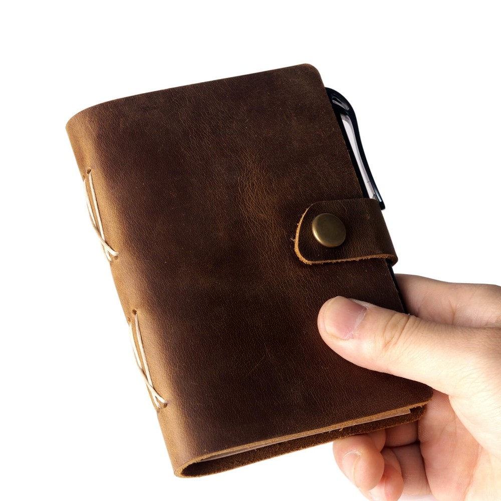 Fishknow Pocket Notebook with Pen,Genuine Leather Journal Mini Brown