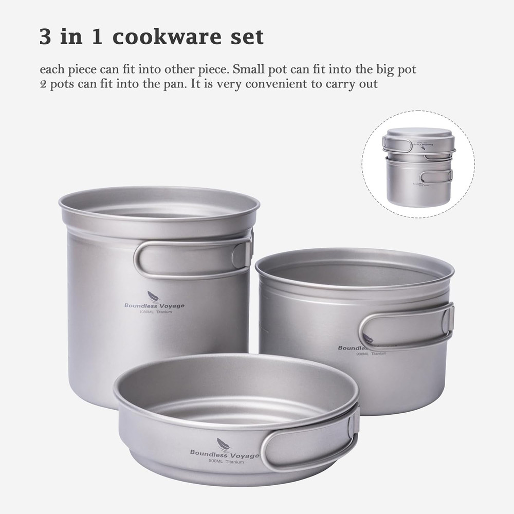 Titanium Pot Pan Set with Folding Handle - Ultralight Portable Outdoor Cookware