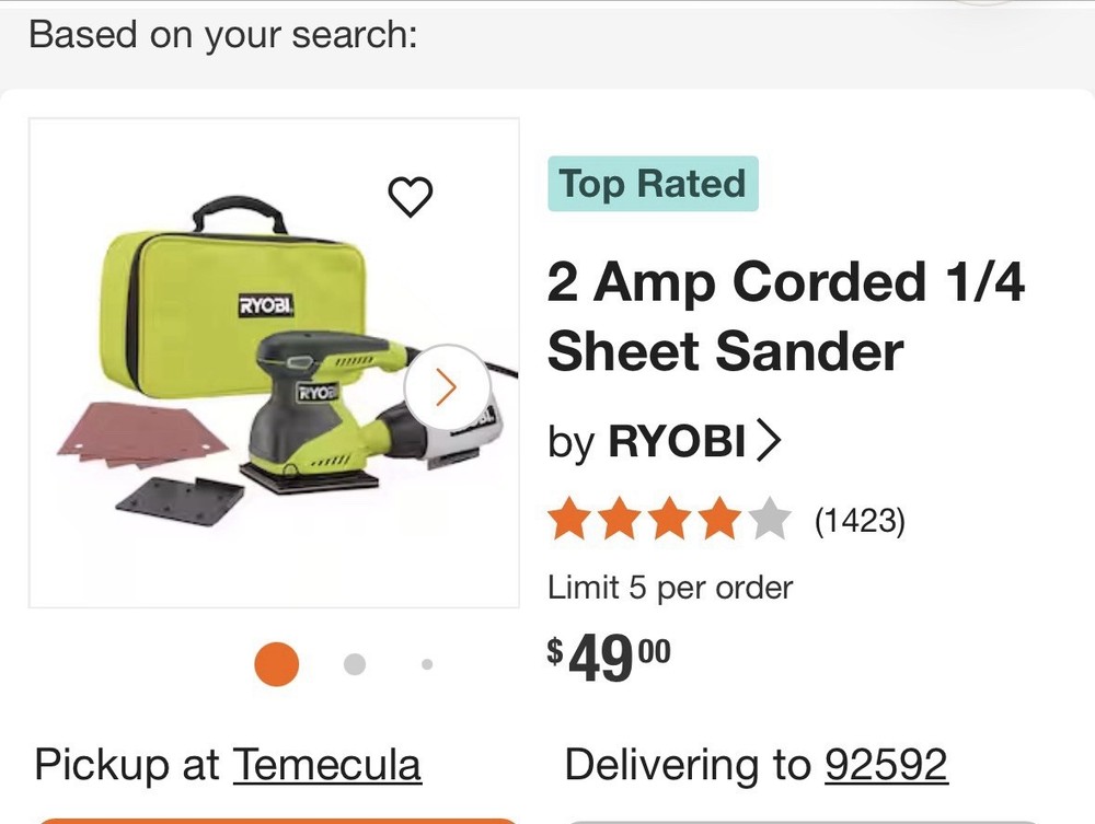 RYOBI2 Amp Corded 1/4 Sheet Sander