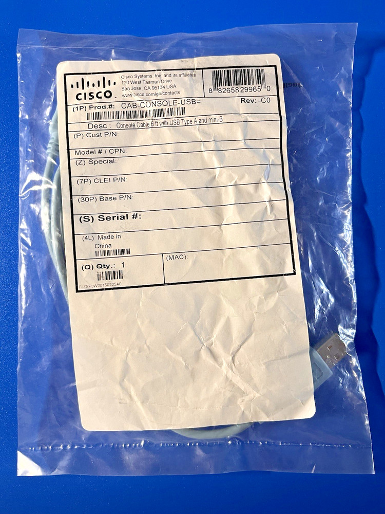 Cisco OEM CAB-CONSOLE-USB Cable, 6 ft. USB type A & Mini-B, Factory Sealed.