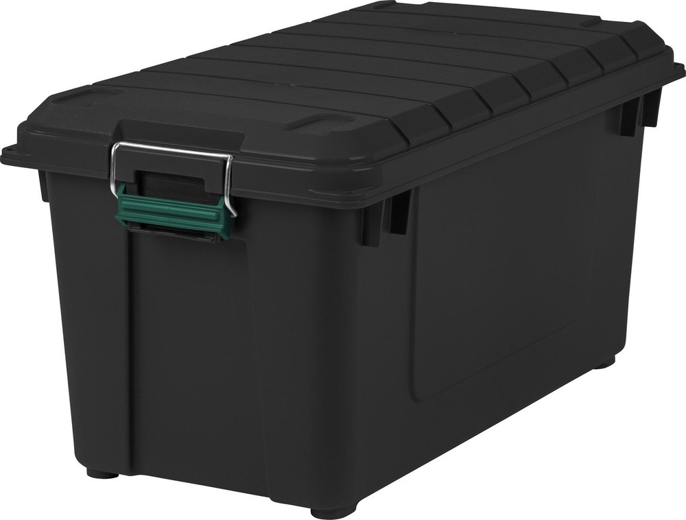 82 Qt. Black WeatherPro Plastic Storage Tote Stackable Water-Resistant Lockable