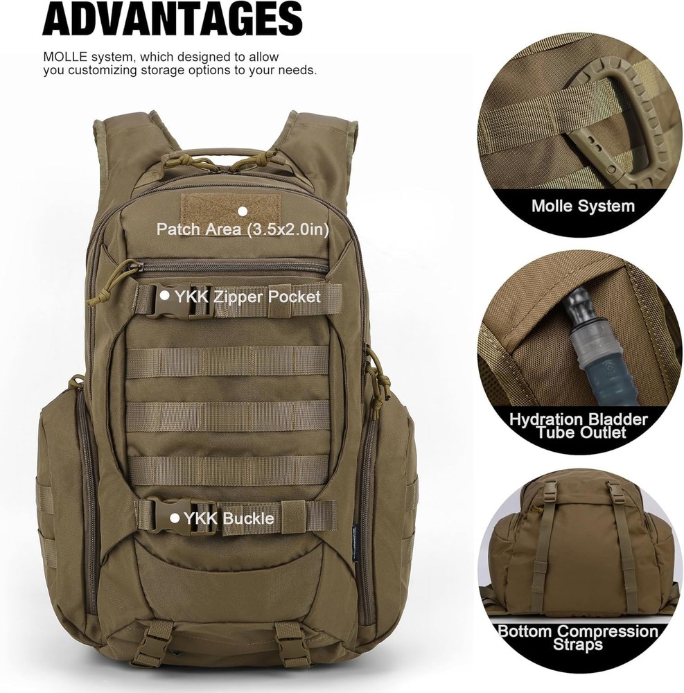 Lightweight 28L Tactical Molle Backpack with Hydration Compartment for Men