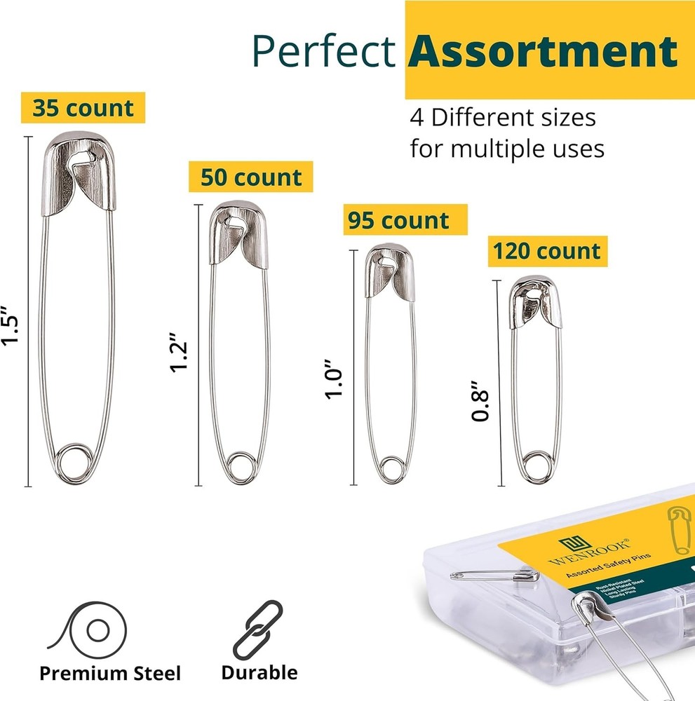 300 Pack Safety Pins Assorted, 4 Sizes, Silver, Steel