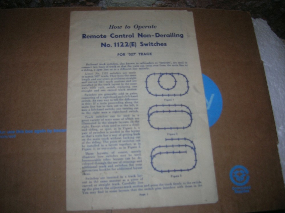 1954 LIONEL TRAIN 1122E REMOTE CONTROL ORIGINAL INSTRUCTIONS NON-DERAILING 027