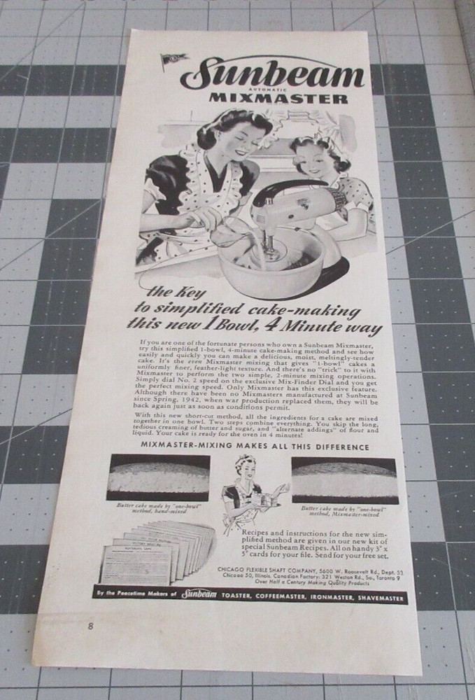 1945 Sunbeam Mixmaster: Simplified Cake Making, Vintage Print Ad