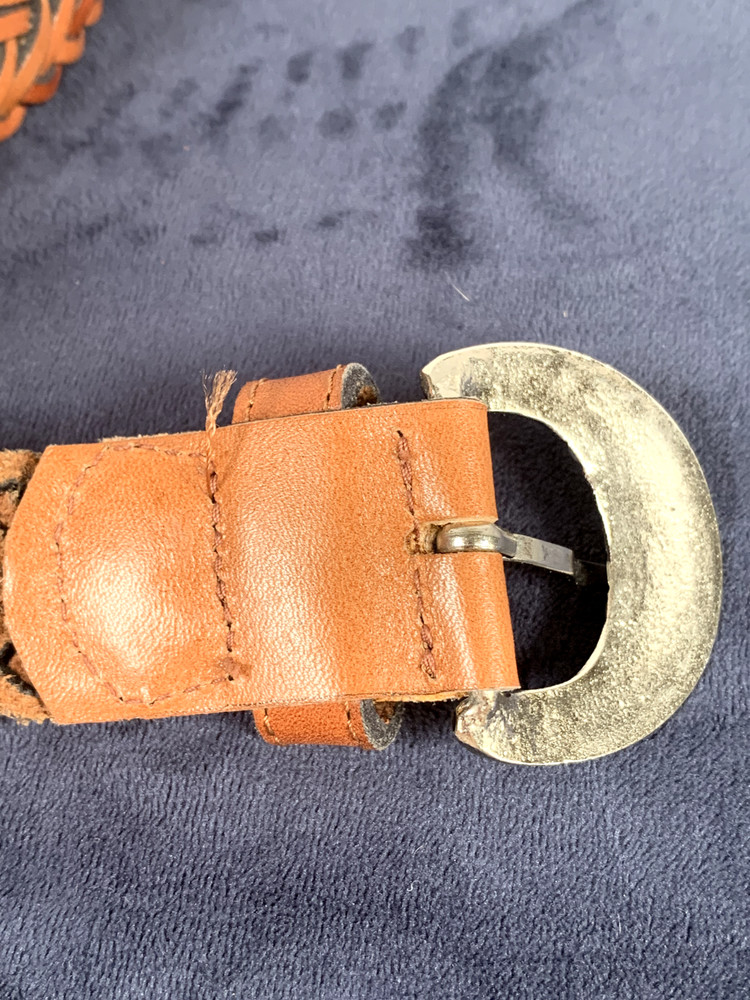 Vintage Womens Braided Belt Leather Brown Medium Solid Silver Tone Buckle Nice