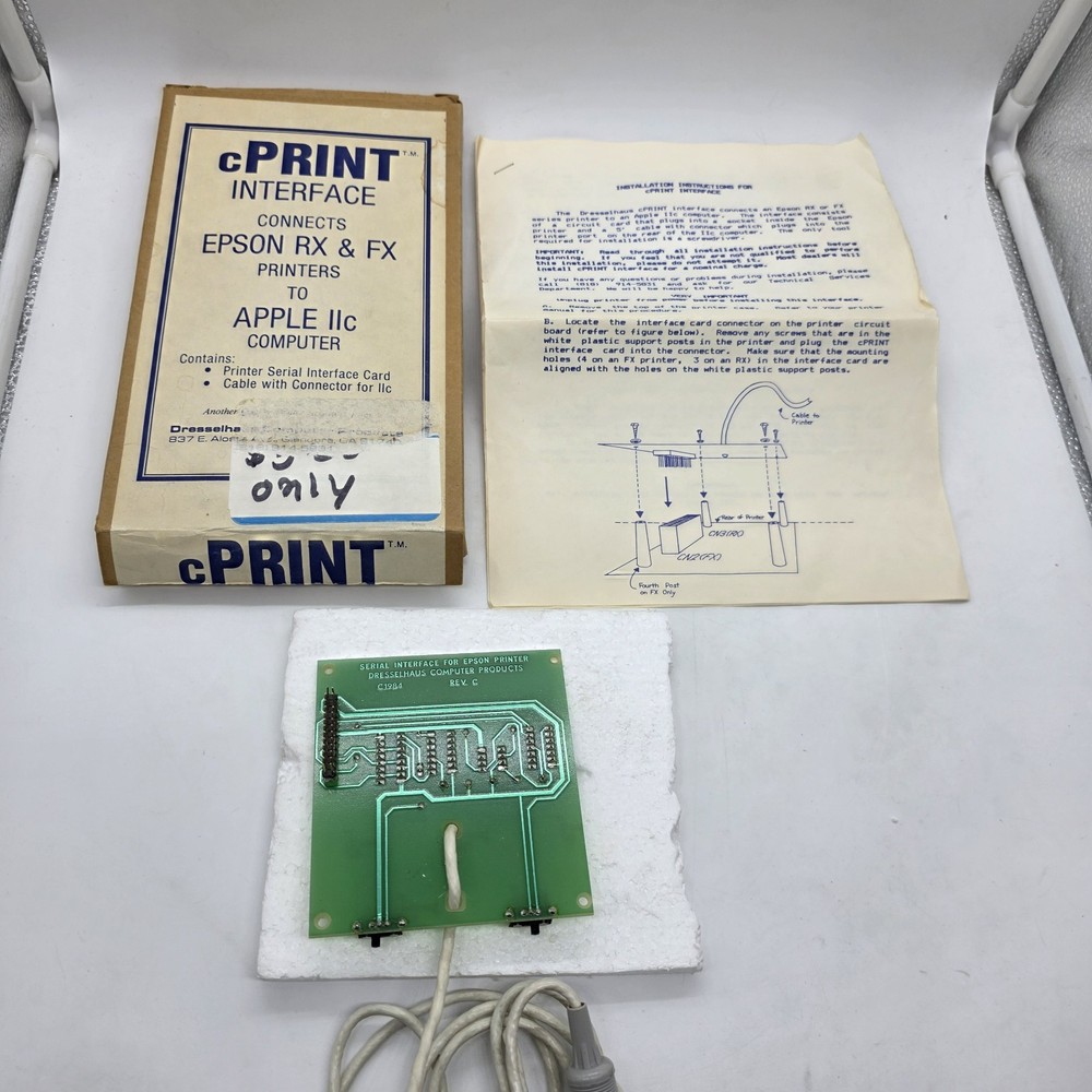 cPRINT SERIAL INTERFACE CARD Epson RX & FX For Apple IIc In Box Manual Untested