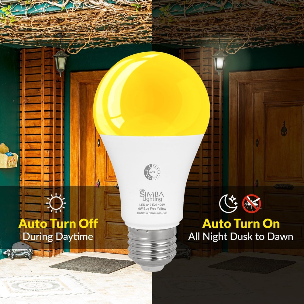 [2 Pack] LED Bug Repelling Amber Bulb 6W / 40W with Dusk-to-Dawn Sensor E26 Base