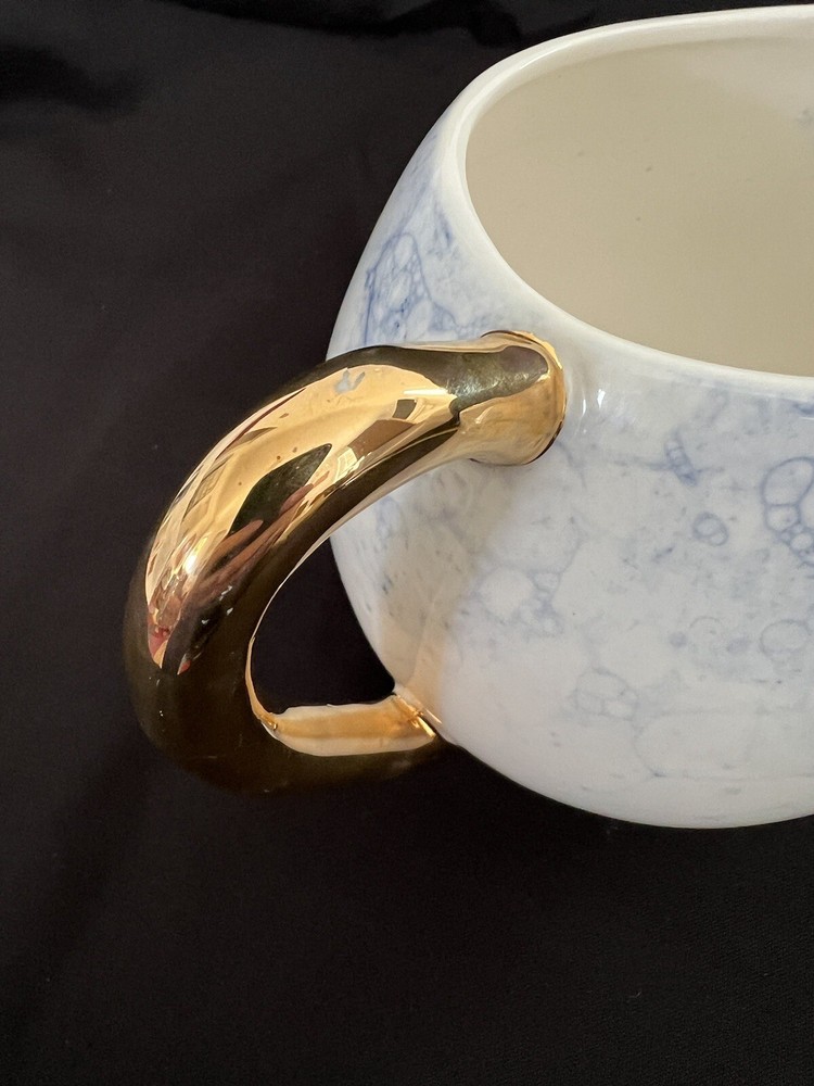 Anthropologie Eleodora Pitcher Blue & White Gold Handle
