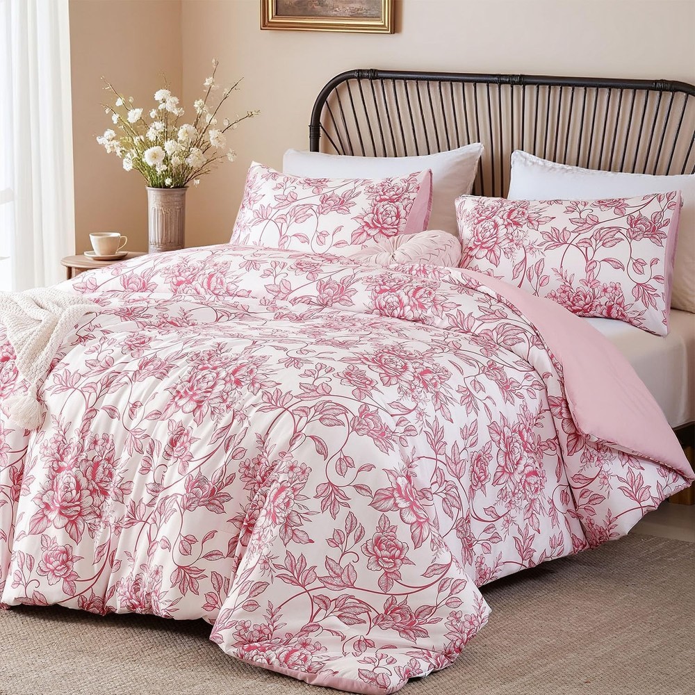 JANZAA Queen Size Comforter Set Pink Comforter Floral Peony Pattern Bedding S...