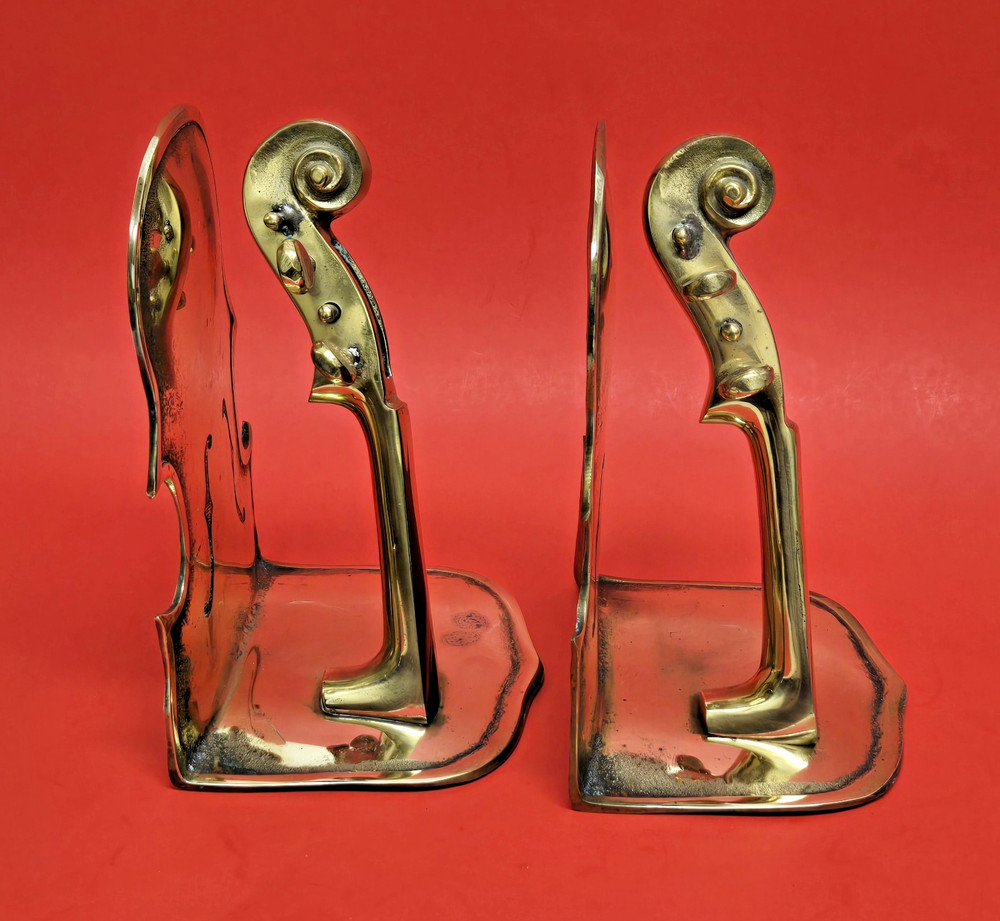 2 Vintage 1992 Solid Brass Bookends Violin ~ Cello Instruments ~ Made in KOREA ~