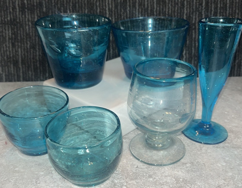 6 Unique Mexican Bubble Glass Hand Blown Turquoise Various Sizes Shot Glasses