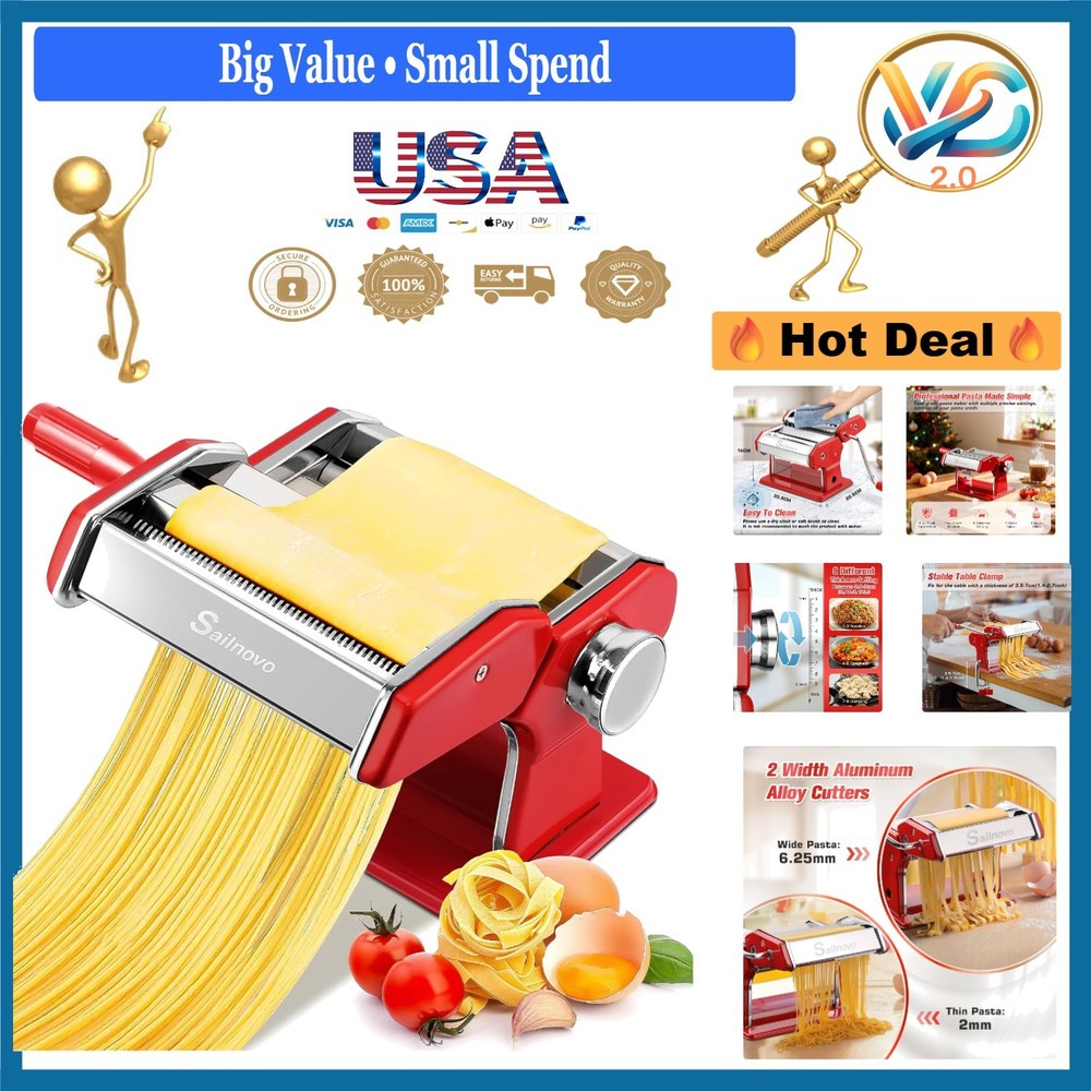 Red 180 Roller Manual Pasta Maker Machine with 9 Thickness Settings