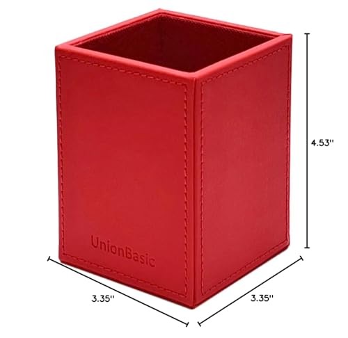 UnionBasic Square Pen Holder, Leather Pencil Cup, Desktop Caddy Red