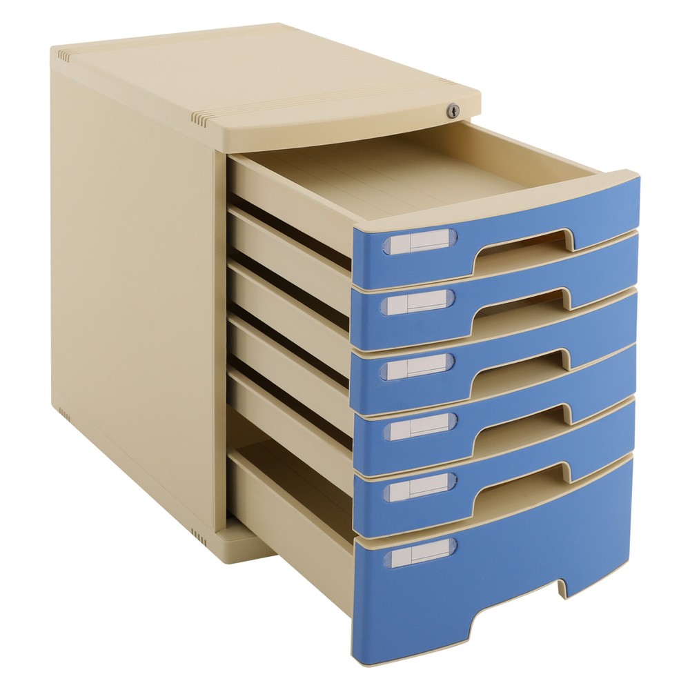 Modern Blue 6-Tier Plastic Desk Organizer with Lockable Drawers
