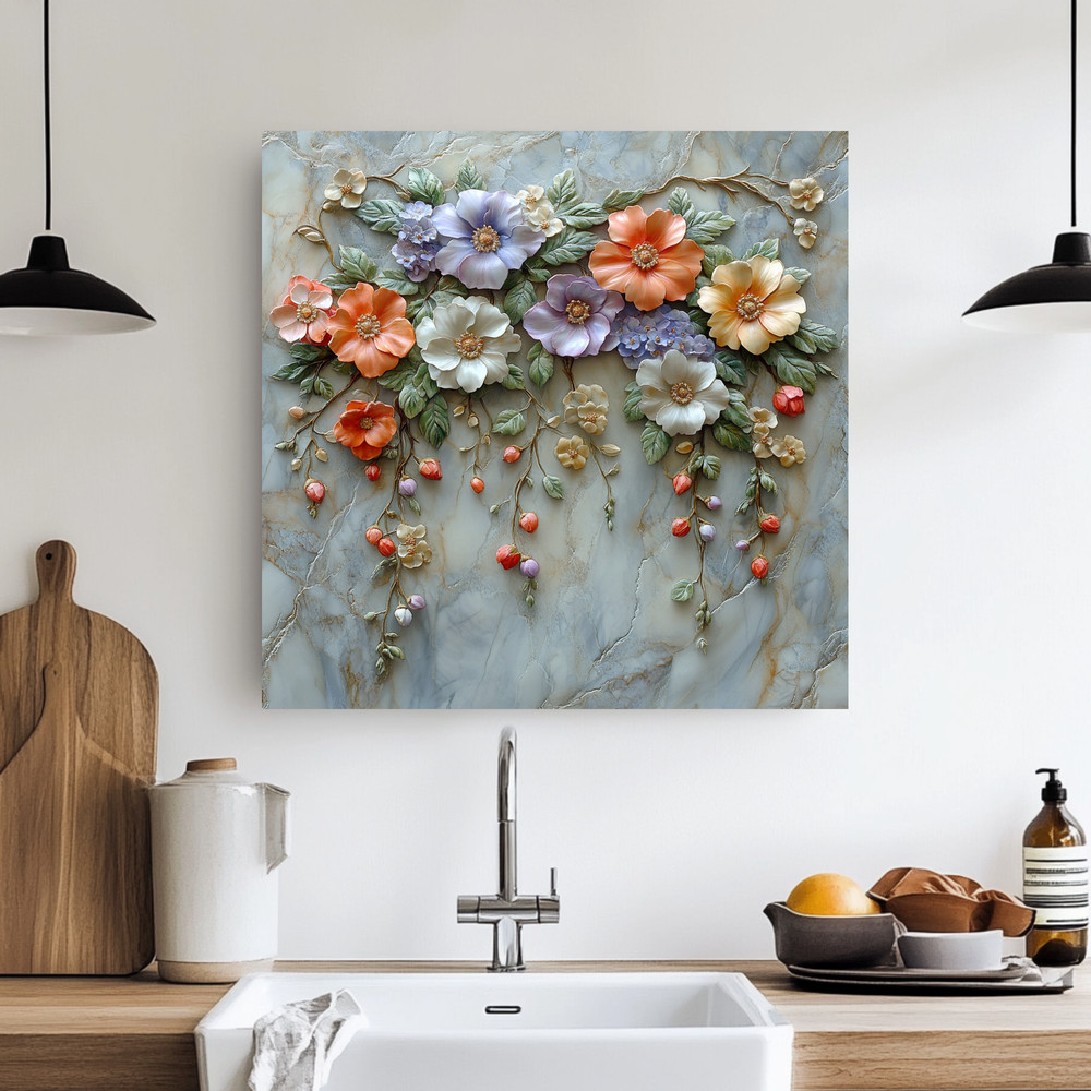Floral Wall Print Backsplash, Tempered Glass Kitchen Backsplash
