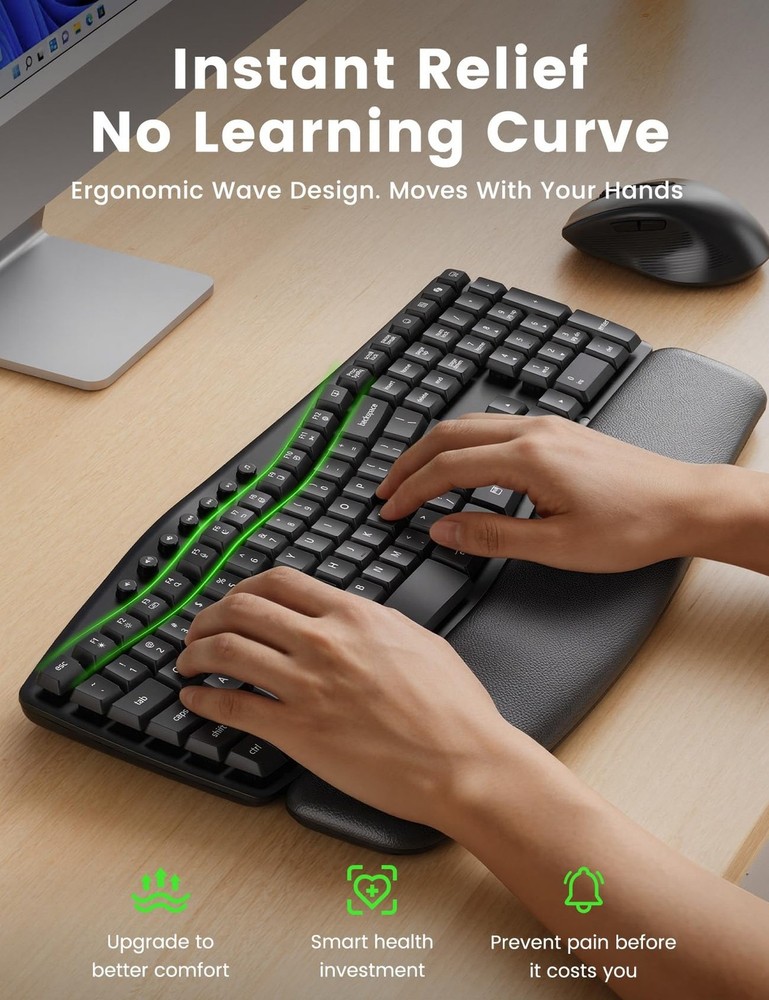 Wireless Keyboard and Mouse Combo, 30dB Quiet Ergonomic Wave Keyboard Set wit...