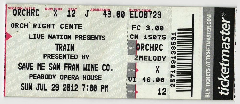 2012 Train Concert Ticket Stub St Louis MO