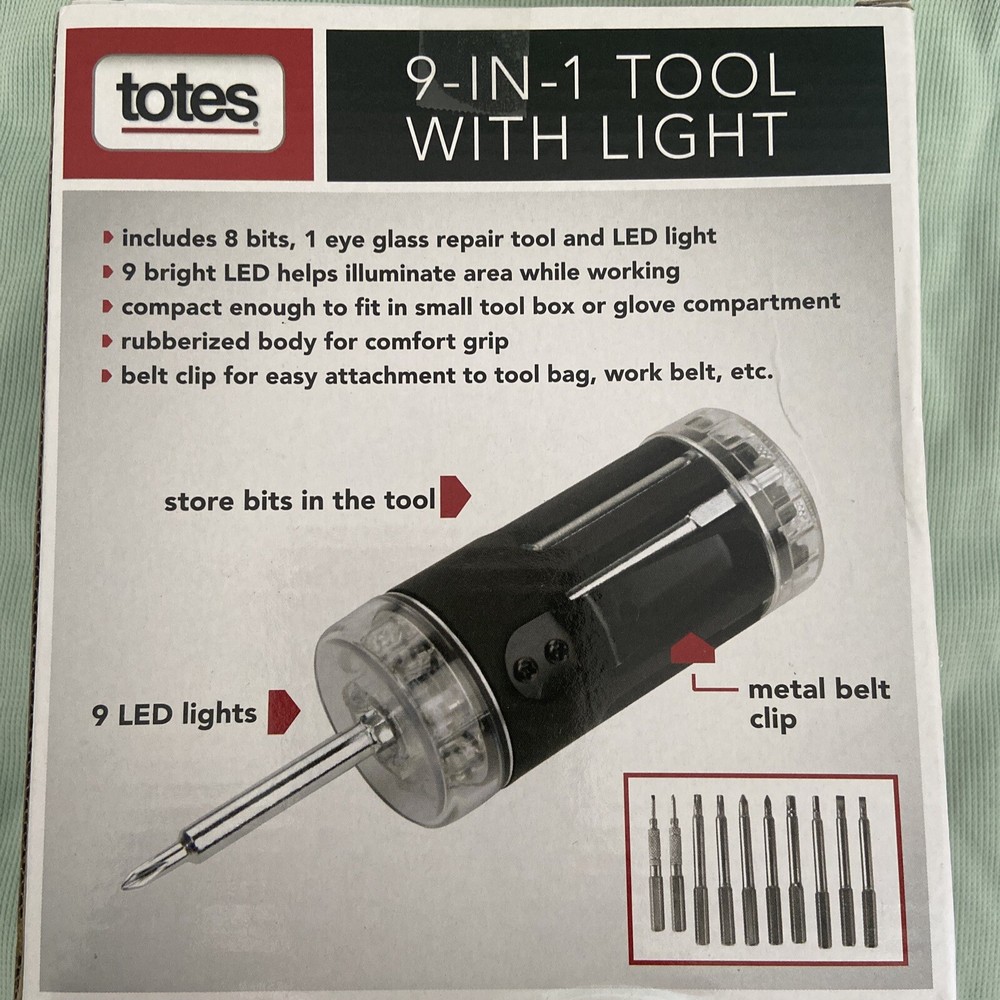 TOTES 9-IN-1 Screwdriver Tool With LED Light NEW needs Batteries