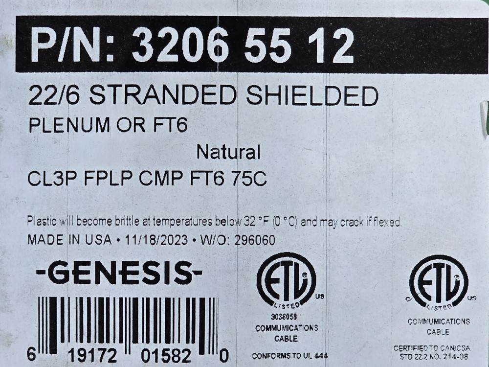 Southwire Genesis 3206 22/6C Shielded Plenum Control Cable CMP White /50ft