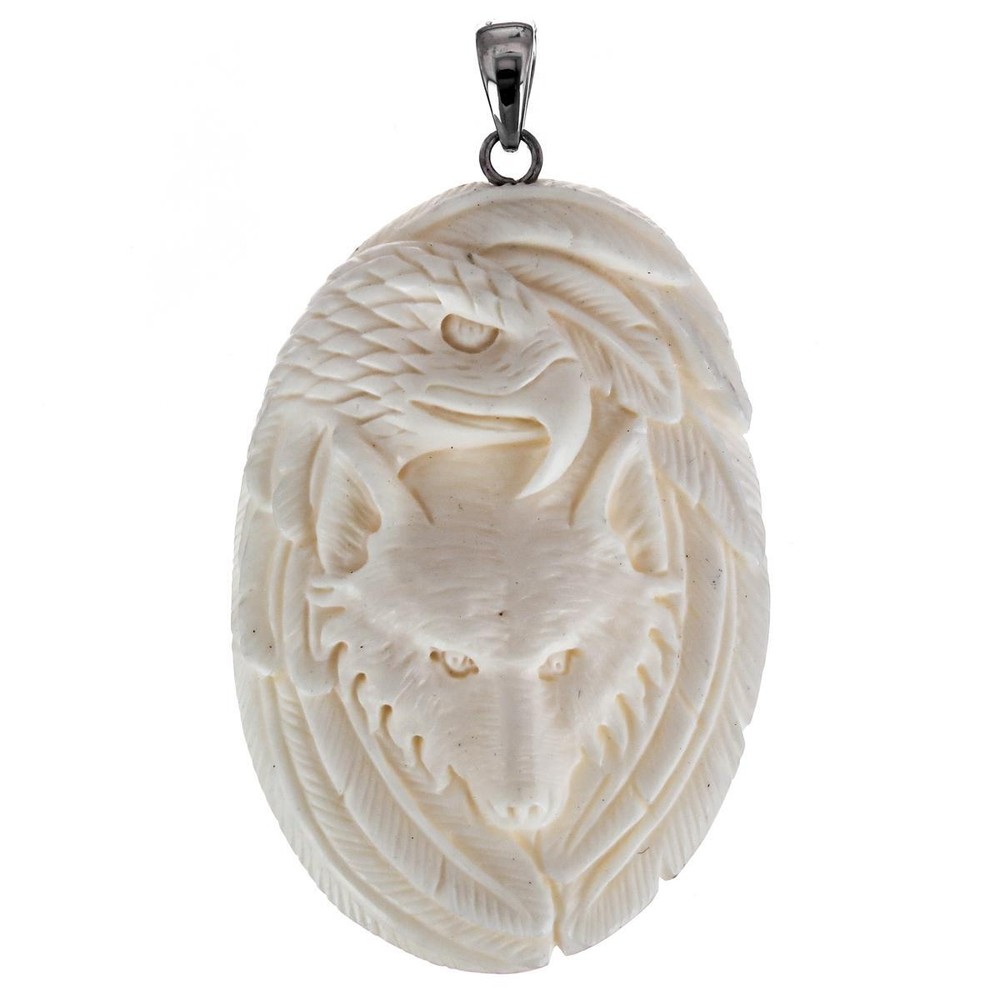 925 Sterling Silver Handcrafted Wolf And Eagle Bison Bone Pendant, 2 3/4"