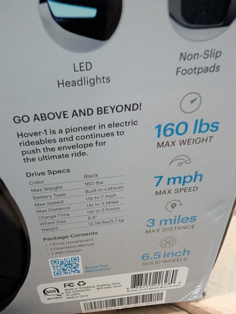 Hover-1 Drive Electric Hoverboard, 7MPH, 3 Mile Range, LED Lights, Black