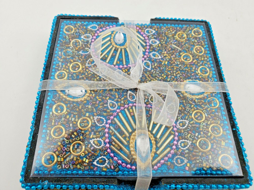 Boho Style Teal Coasters NIB Peacock Design