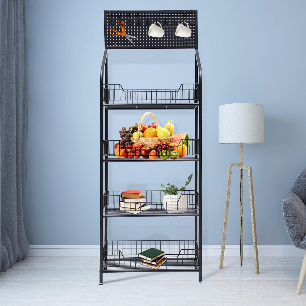 Kitchen Baker's Rack 4 Tier Rolling Metal Storage Shelf Black 55" Height+Wheels