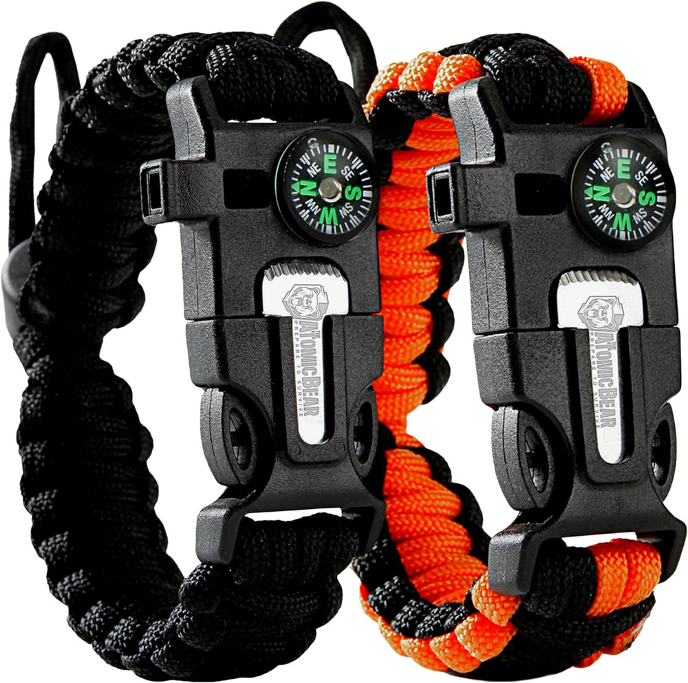 Atomic Bear Paracord Bracelet (2 Pack) - Adjustable - Fire Starter - Loud Whistl