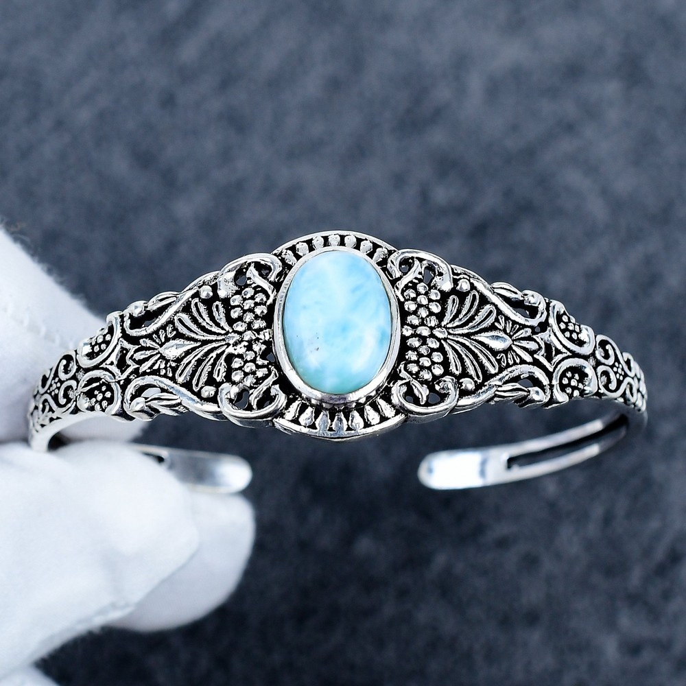 Natural Larimar Gemstone Bangle 925 Sterling Silver Bangle Cuff, Gifts