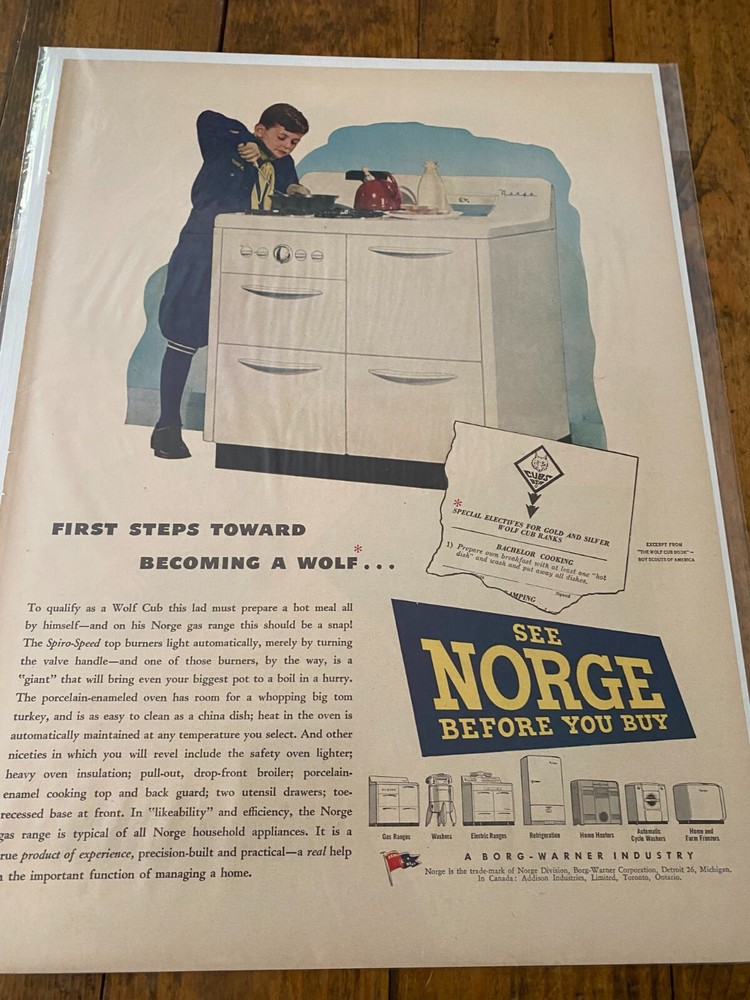 Vintage 1945 Norge Range First Steps Toward Becoming A Wolf Scouting Theme ad