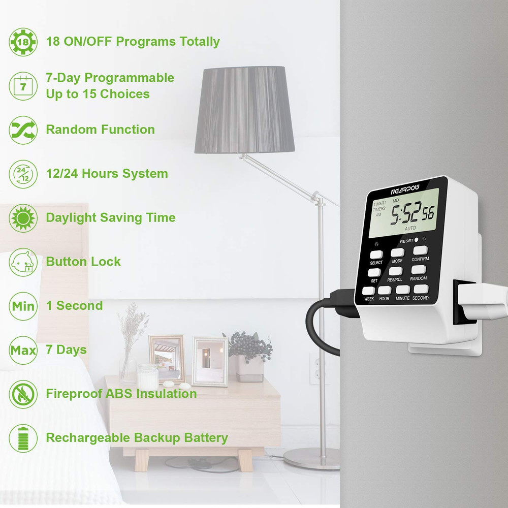 Outlet Timer, Dual Digital Light Timer with 2 Independently-Controlled Outlets,