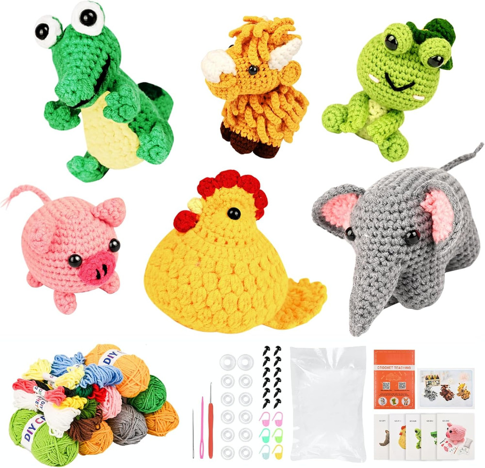Beginner Crochet Kit: 6 Animal Projects with Yarn & Tutorials, Ideal Gift