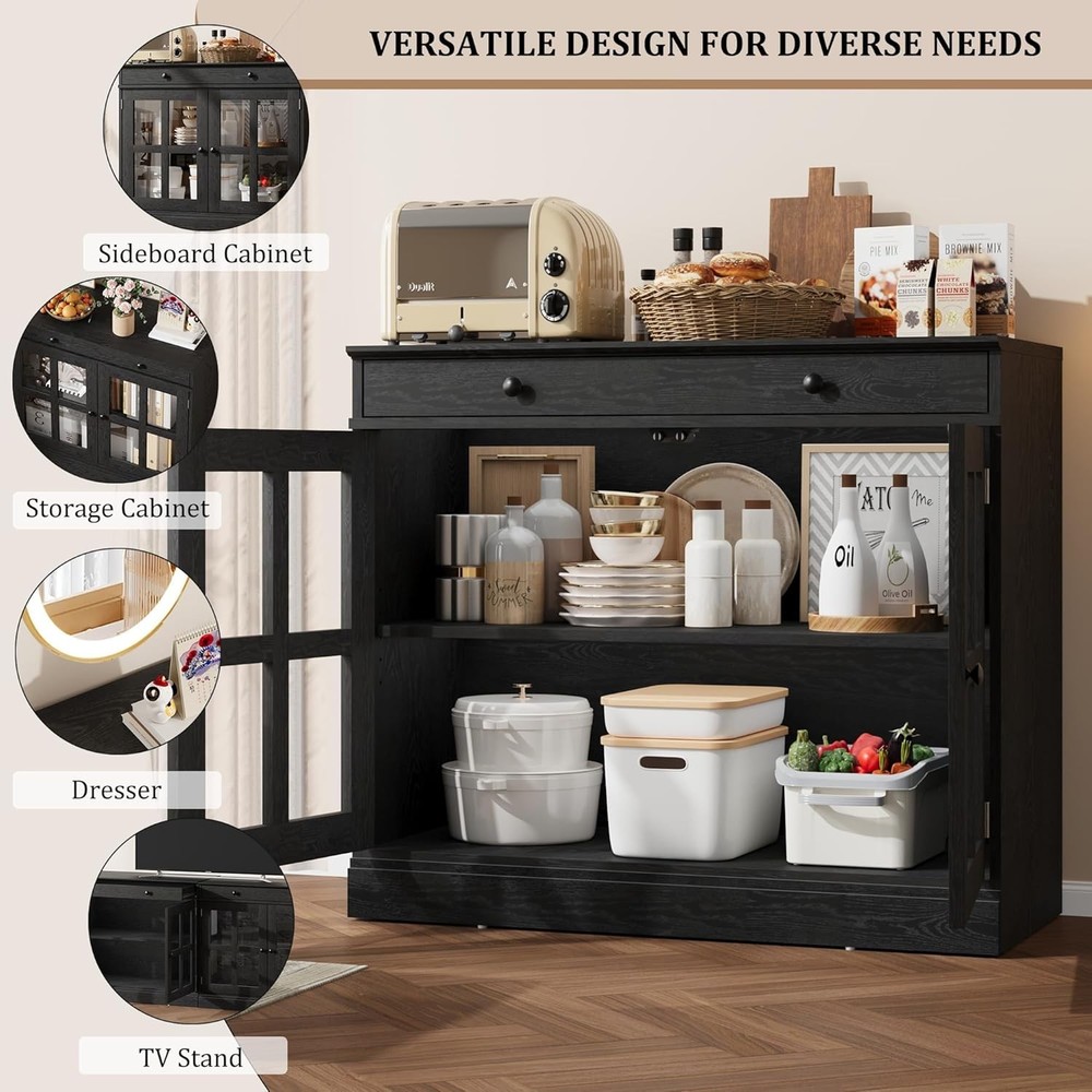 Modern Sideboard Buffet Cabinet Storage with Glass Doors Drawer Adjustable Shelf