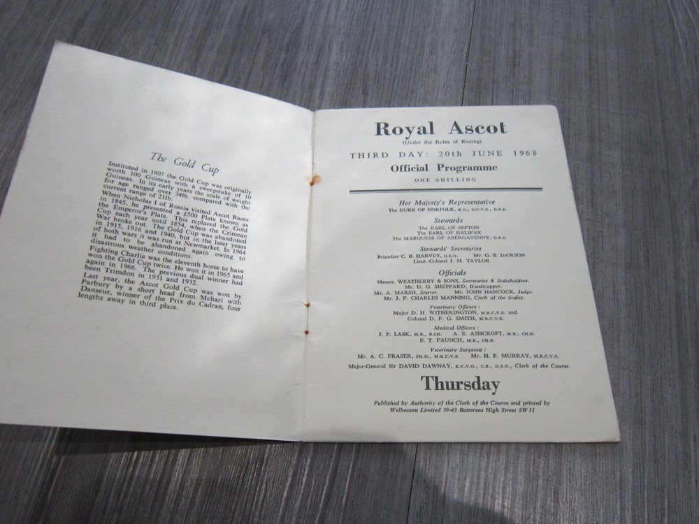 Royal Ascot programme ,3rd day ,20th June 1968,The gold cup