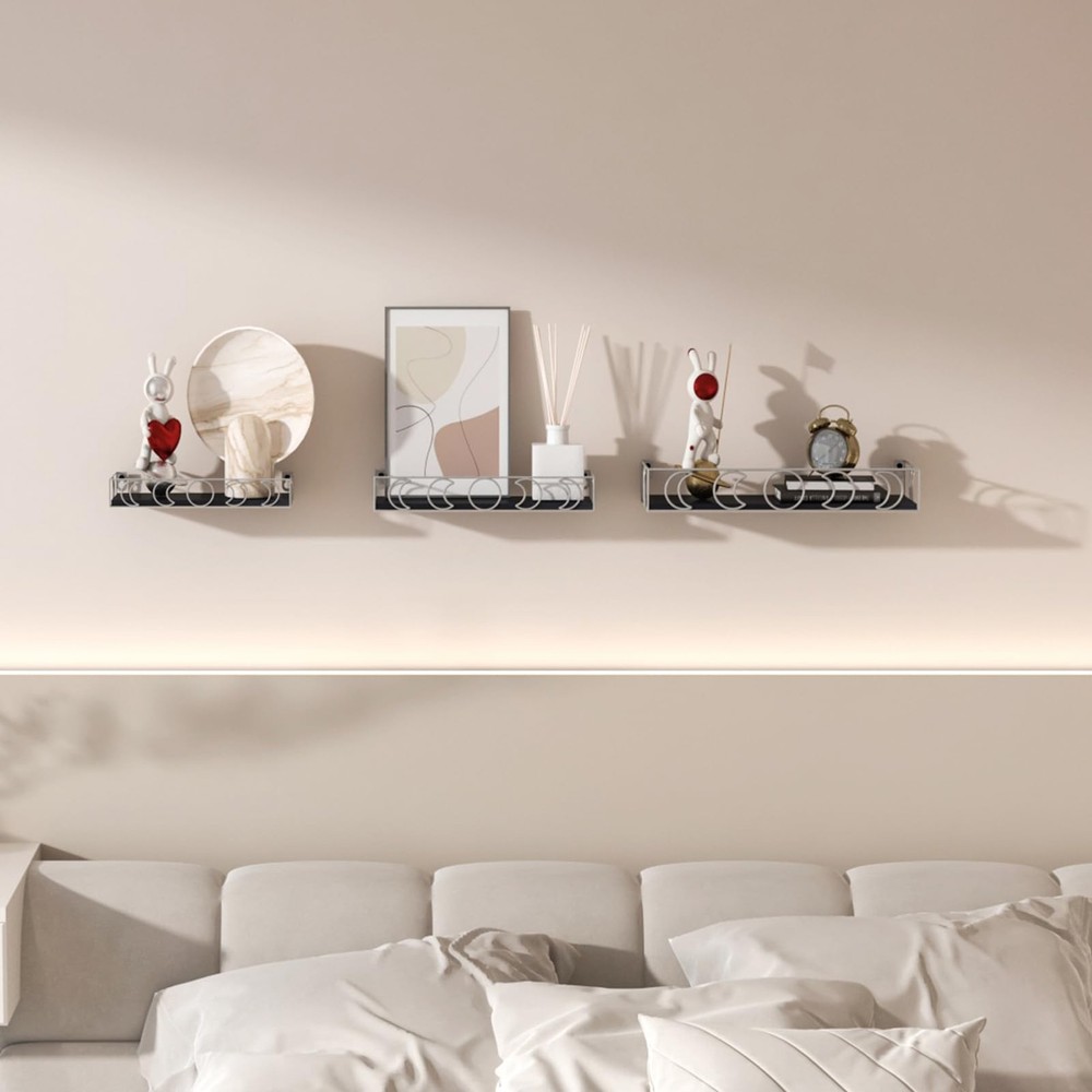 Moon Phase Small Floating Wall Shelves 3-Pack, Black Silver Decorative Display