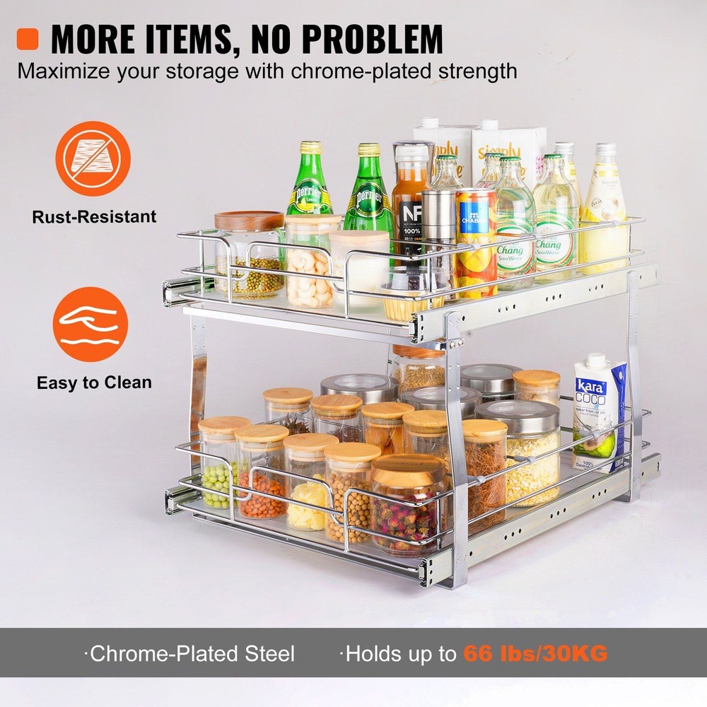 Sliding Organizer for Cabinets 2-Tier 17x21in 66lb Chrome Wire Baskets