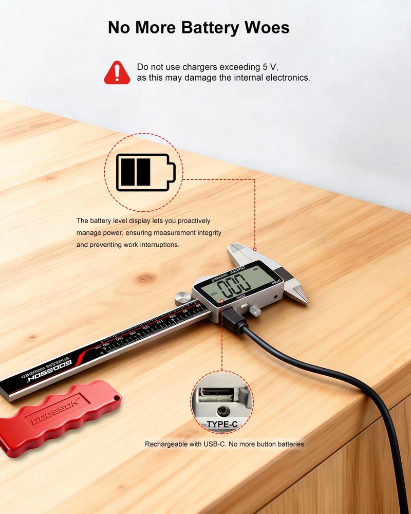 Digital Caliper, 6 Inch Rechargeable & Power Indicator Caliper Measuring Tool...