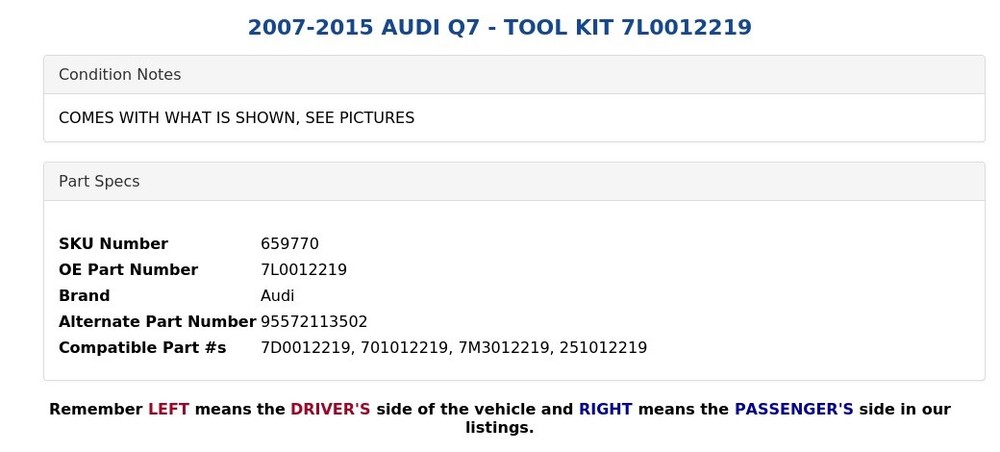 2007-2015 AUDI Q7 - TOOL KIT 7L0012219